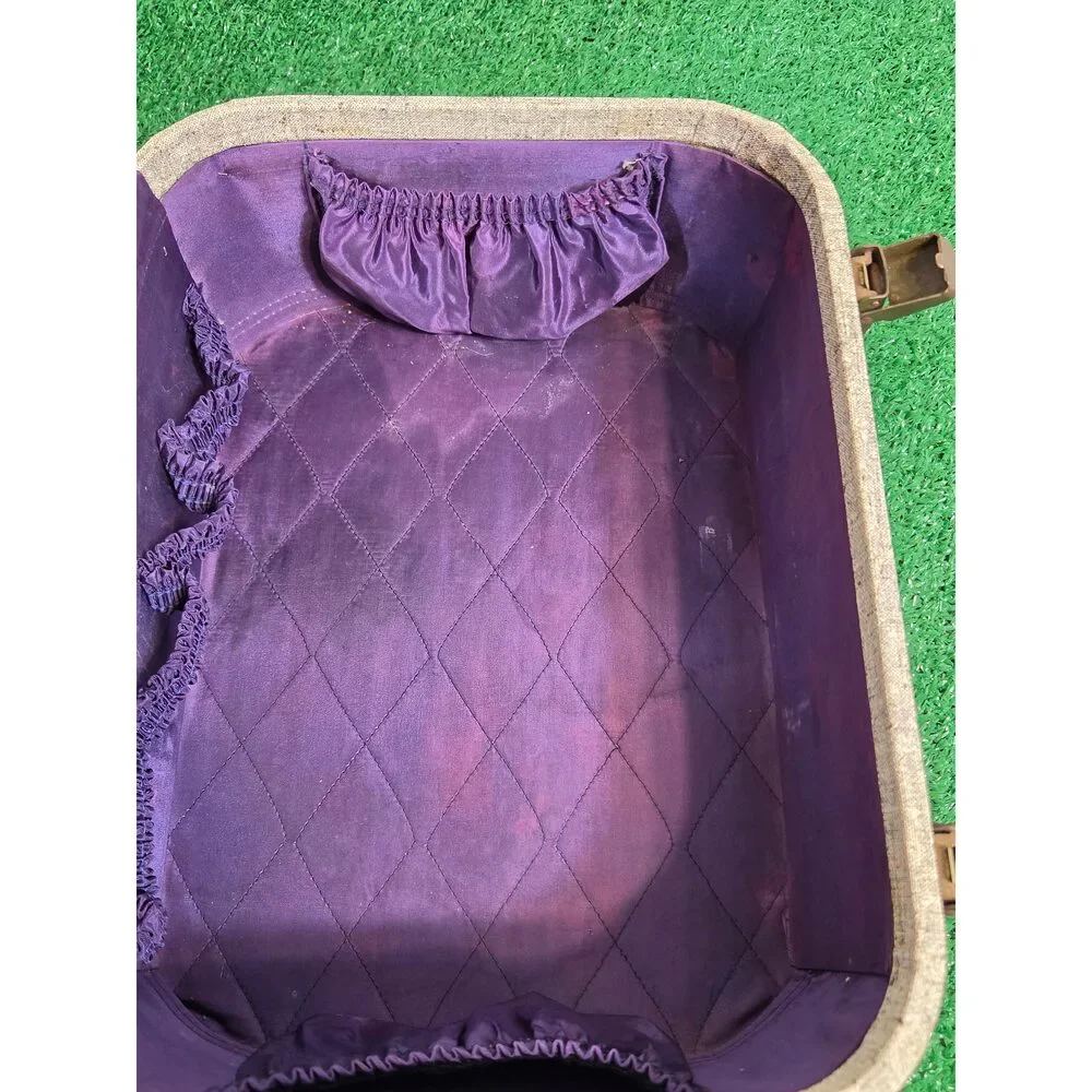 Vintage Tweed Vanity Case Train Luggage Makeup Train Case Purple Interior